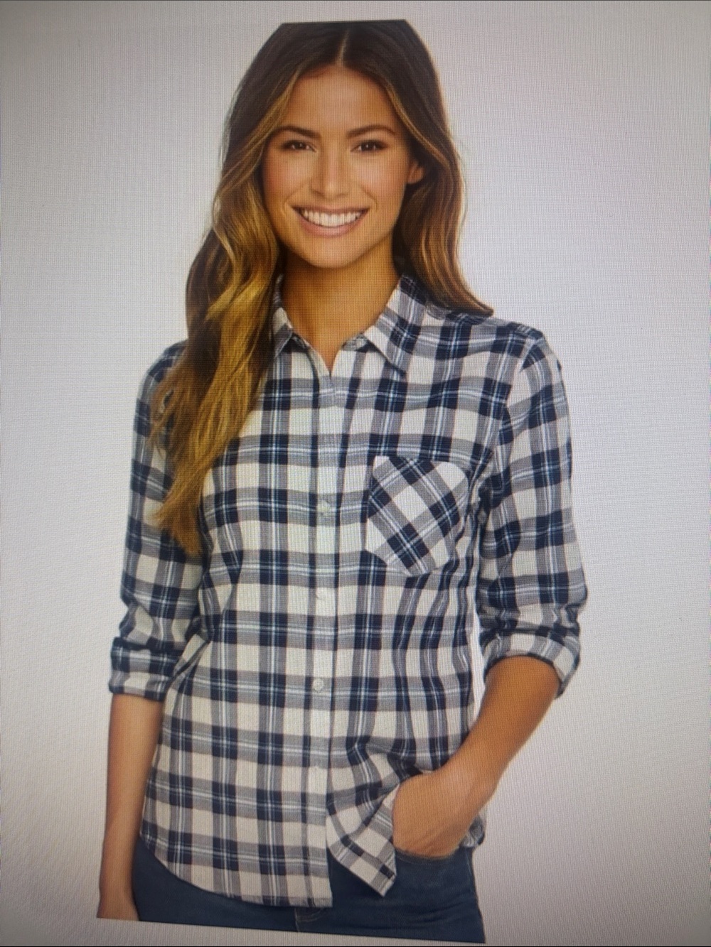 NWT Untuckit Women’s Navy and White plaid Button down.  Size 6